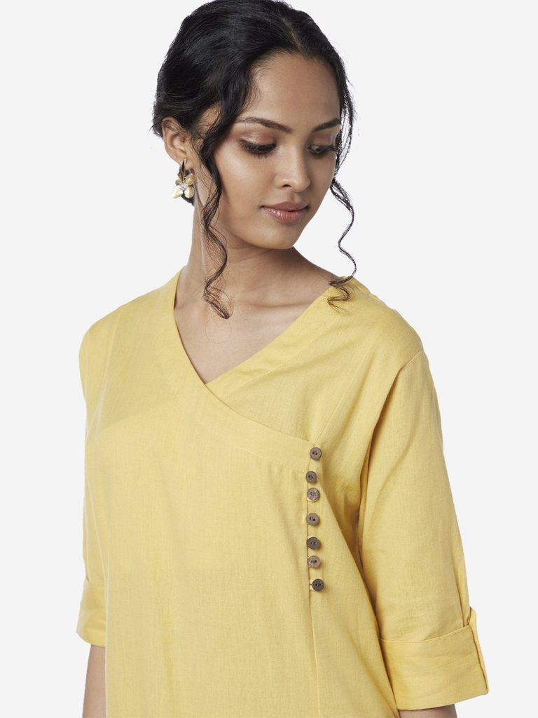 Utsa Light Yellow Cotton Linen A-Line Kurta