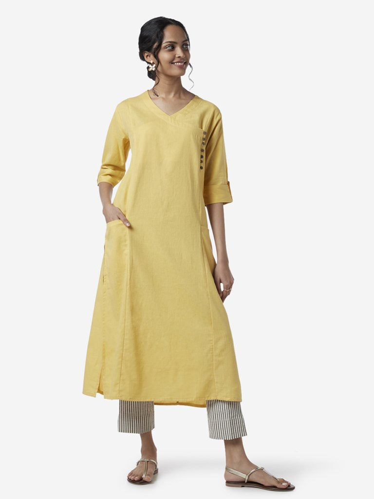 Utsa Light Yellow Cotton Linen A-Line Kurta