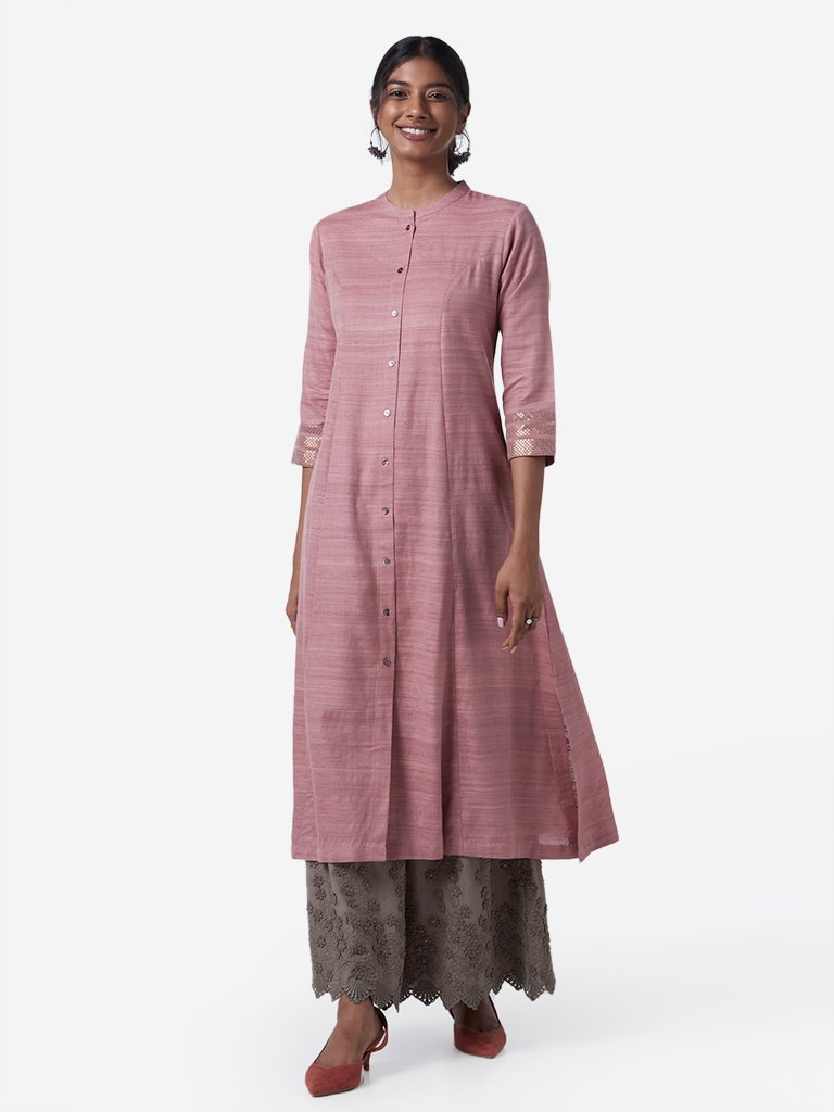 Zuba Dull Pink Self-Textured A-Line Kurta