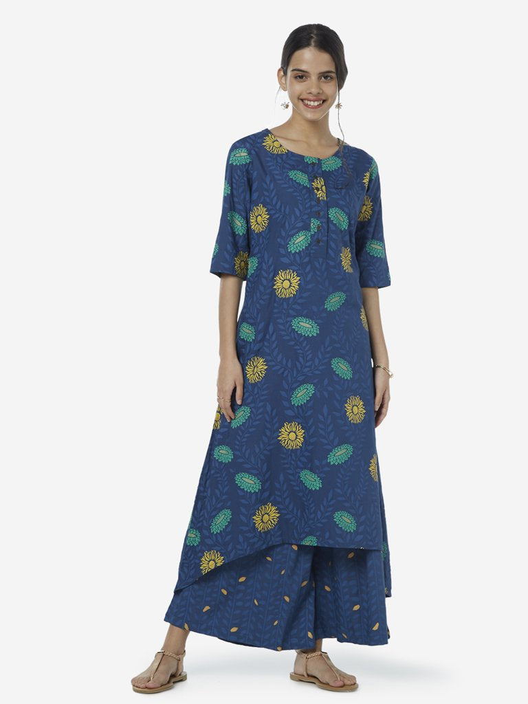 Utsa Blue Leaf Patterned Palazzos