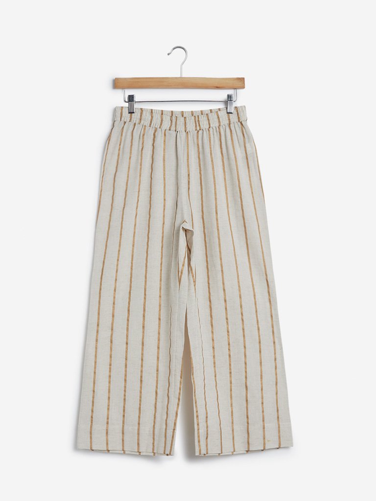Utsa Off White Striped Cropped Palazzos