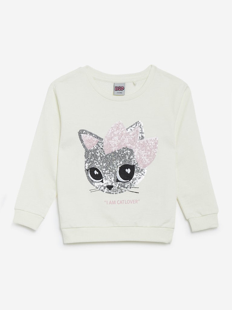 HOP Kids Off White Kitten Patterned Sweatshirt