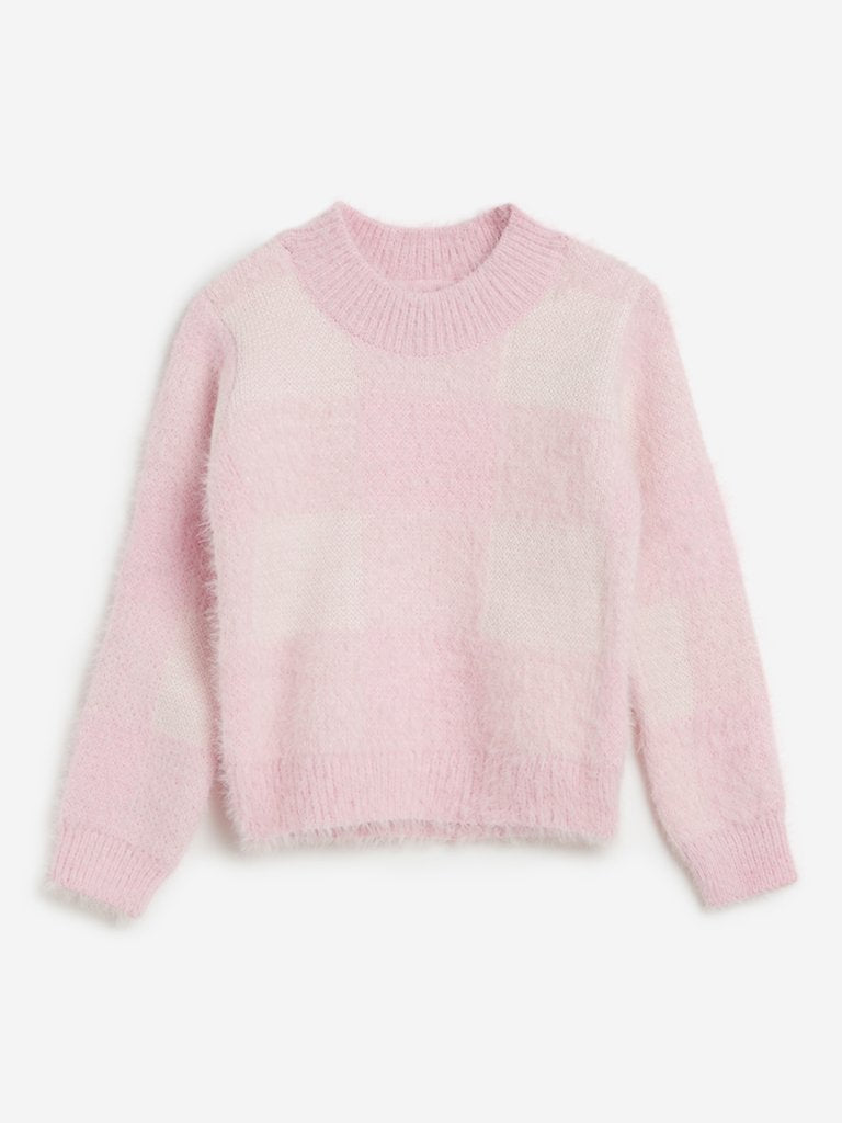 HOP Kids Light Pink Checkered Sweater