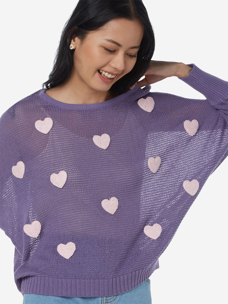 Nuon Lavender Heart Patterned Teddy Sweater