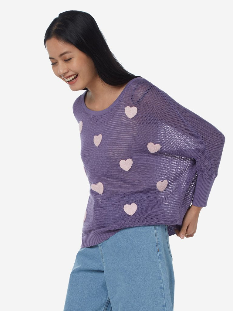 Nuon Lavender Heart Patterned Teddy Sweater