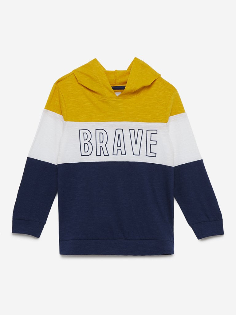 HOP Kids Mustard Colour-Block Hooded Sweatshirt
