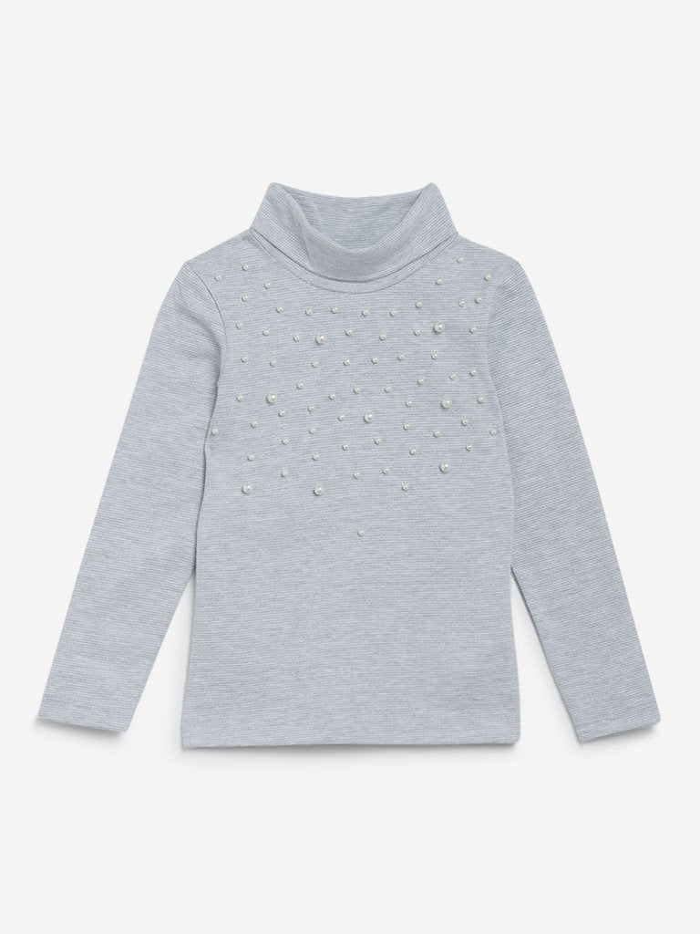 HOP Kids Grey Pearl Detailed Turtleneck Top