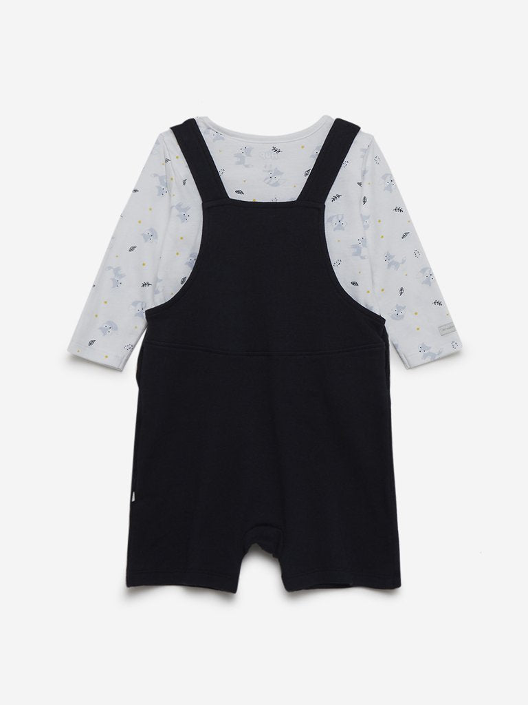 Baby HOP Navy Printed T-Shirt And Dungarees Set