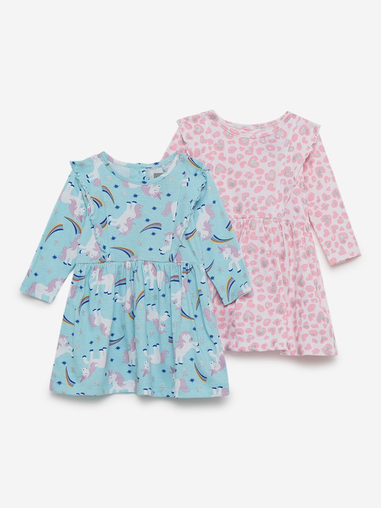 Baby HOP Aqua Printed Dresses Set of Two