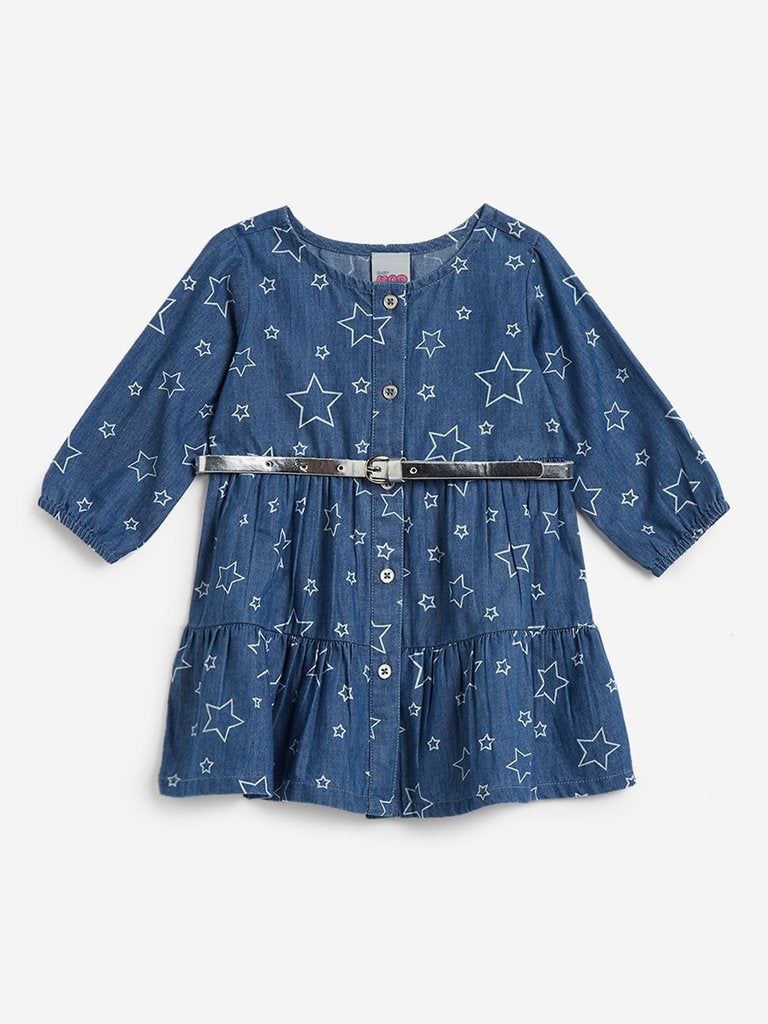 Baby HOP Blue Star Printed Dress with Belt