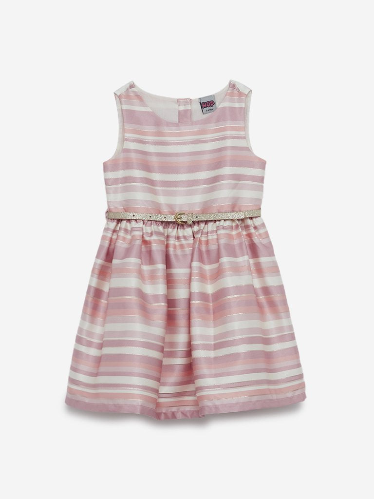 HOP Kids Pink Striped Dress With Belt