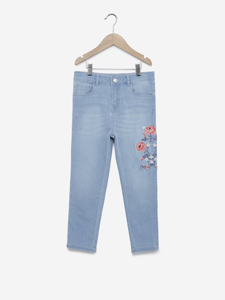 Y&F Kids Light-Blue Floral Embroidered Jeans