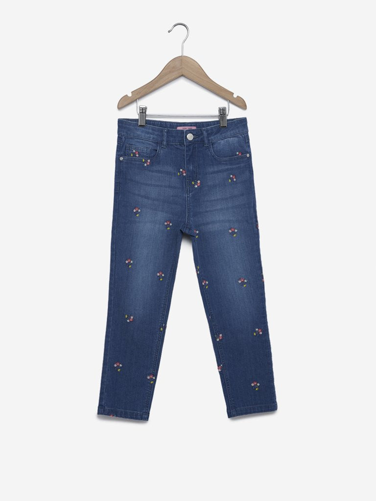 Y&F Kids Blue Floral Embroidered Jeans