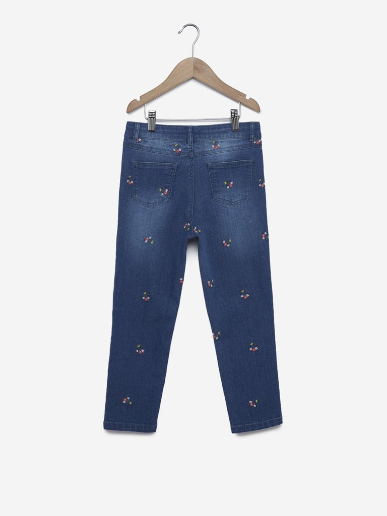 Y&F Kids Blue Floral Embroidered Jeans