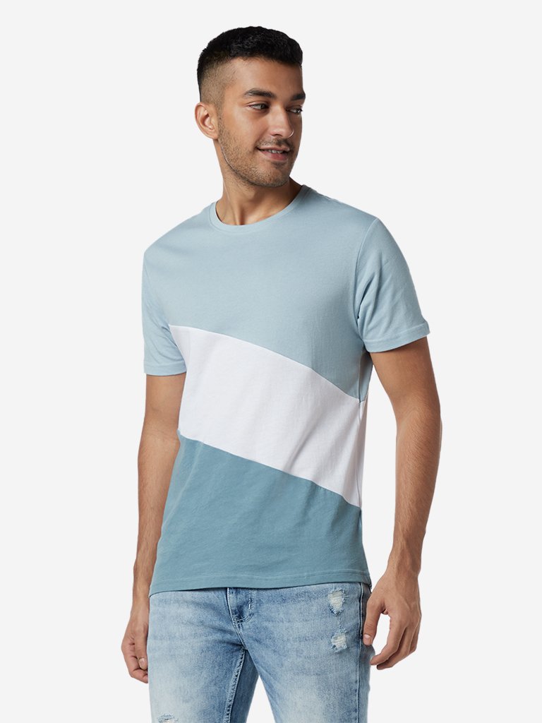 Nuon Blue Colour-Blocked Slim Fit T-Shirt
