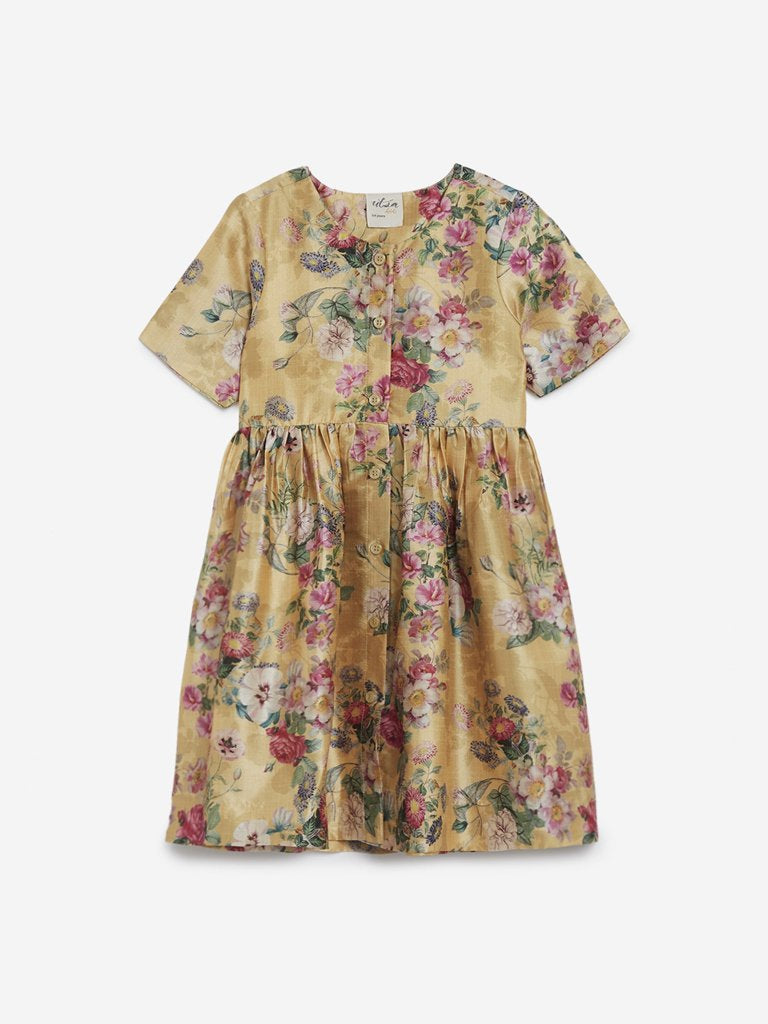 Utsa Kids Ochre Fit-And-Flare Floral Dress