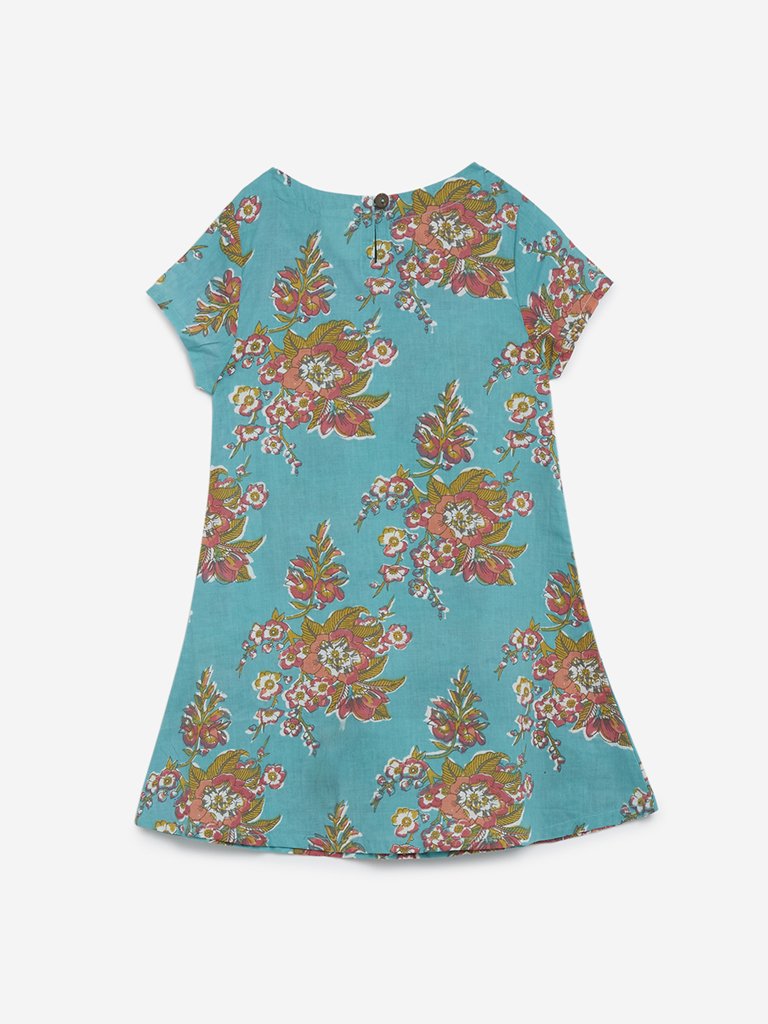 Utsa Kids Turquoise Bunch Flower Print Kurta