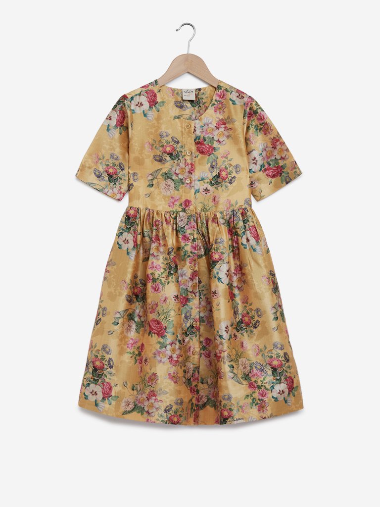 Utsa Kids Ochre Fit-And-Flare Floral Dress