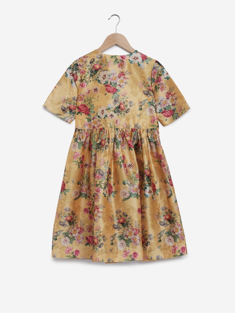 Utsa Kids Ochre Fit-And-Flare Floral Dress