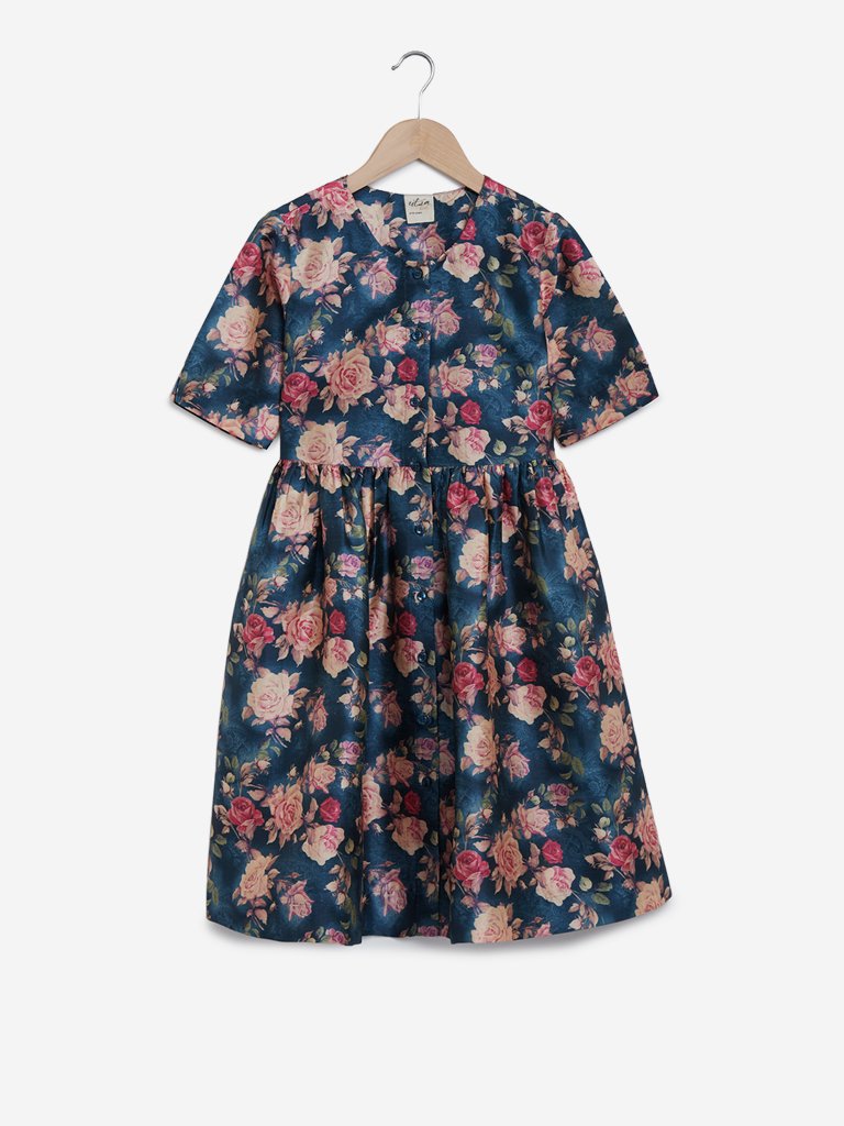 Utsa Kids Teal Fit-And-Flare Floral Dress