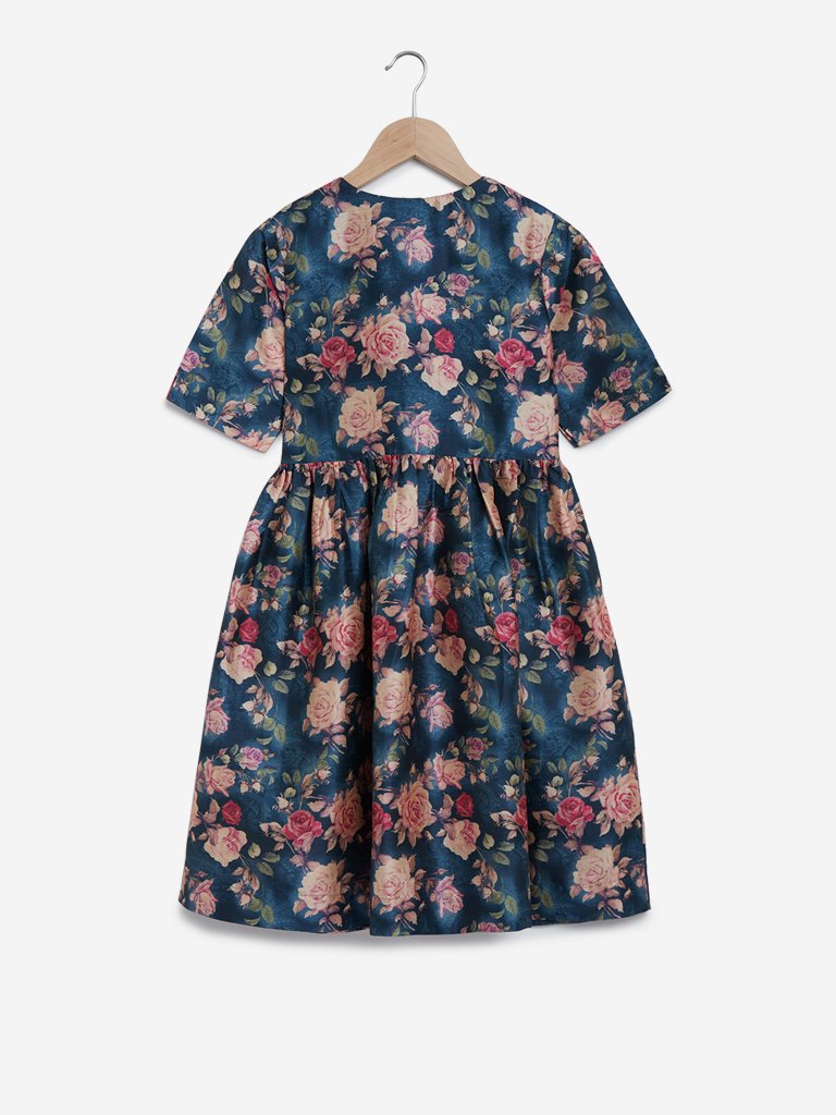 Utsa Kids Teal Fit-And-Flare Floral Dress