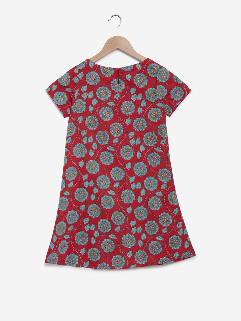Utsa Kids Red Floral Printed Kurta