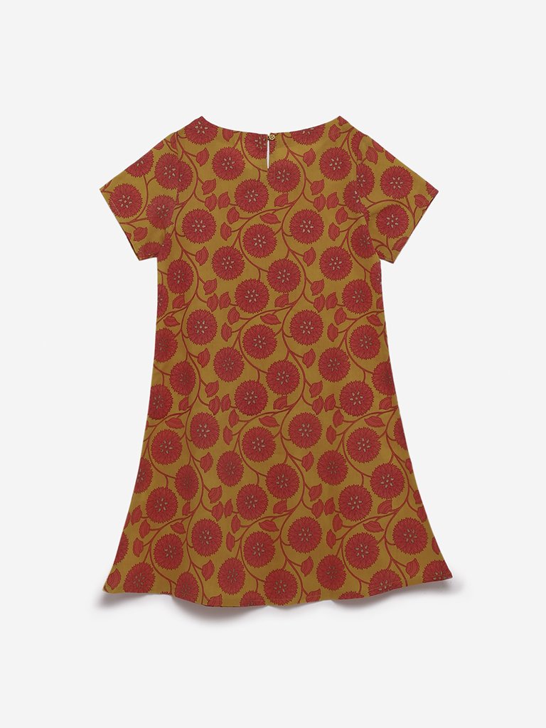 Utsa Kids Orange Floral Print A-line Kurta