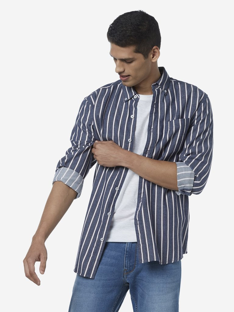WES Casuals Navy Striped Relaxed Fit Shirt