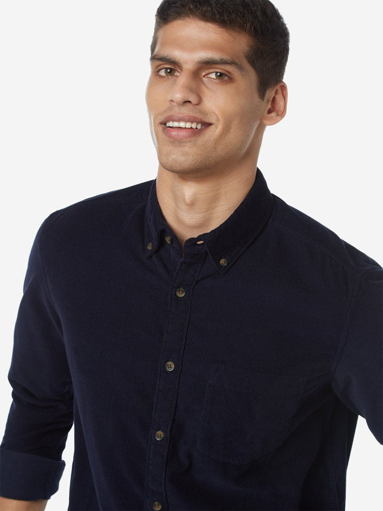 WES Casuals Navy Slim Fit Corduroy Shirt