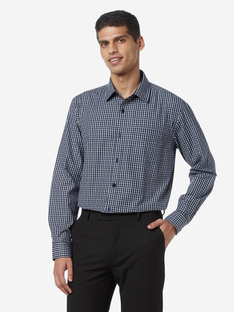 WES Formals Navy Checked Relaxed Fit Shirt