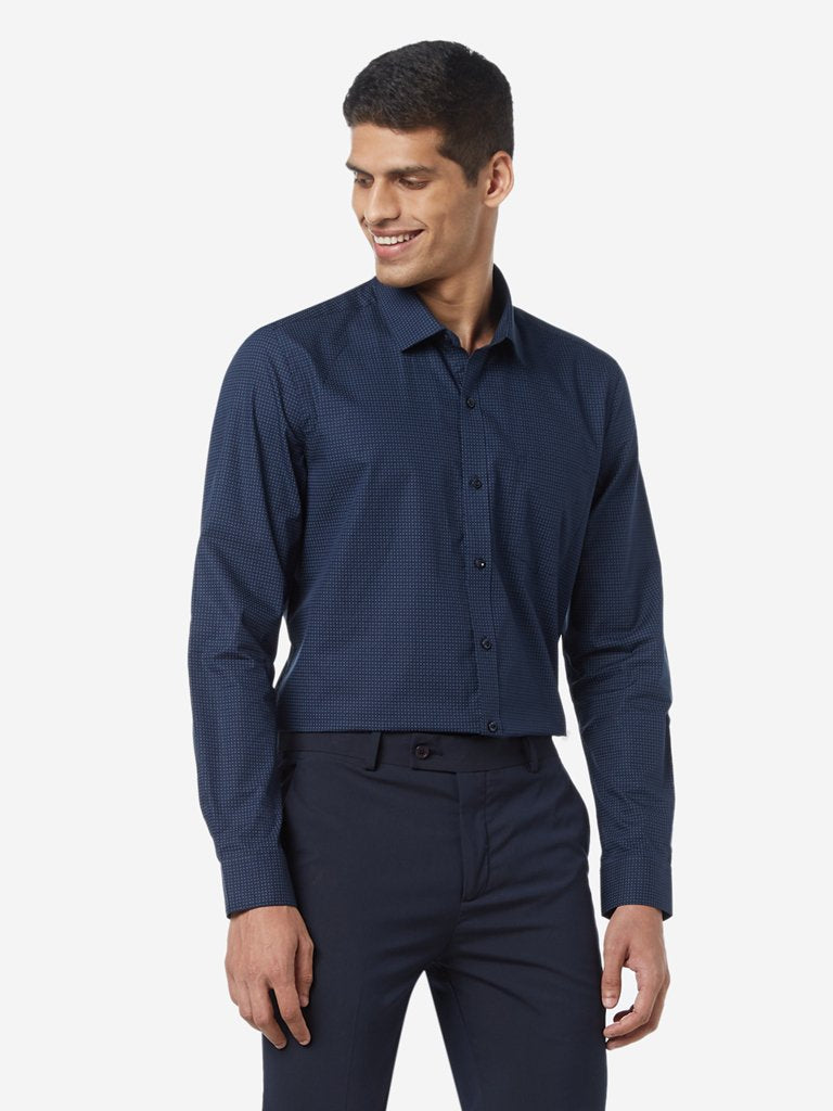 WES Formals Navy Abstract Print Slim Fit Shirt