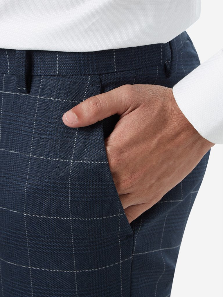 WES Formals Navy Ultra Slim Fit Checked Trousers