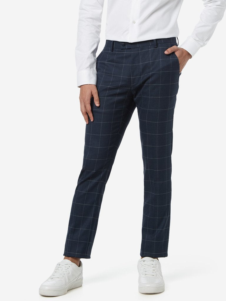 WES Formals Navy Ultra Slim Fit Checked Trousers