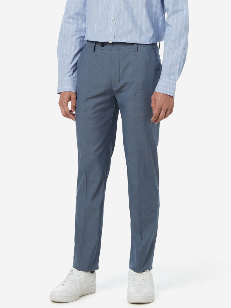 WES Formals Blue Ultra Slim Fit Checked Trousers