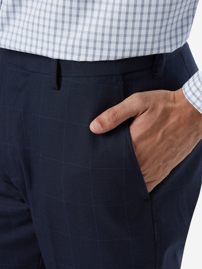 WES Formals Navy Relaxed Fit Checked Trousers