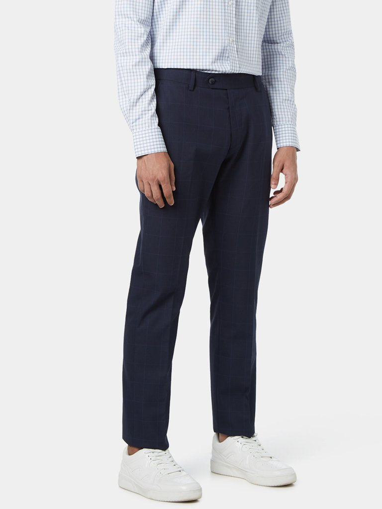 WES Formals Navy Relaxed Fit Checked Trousers