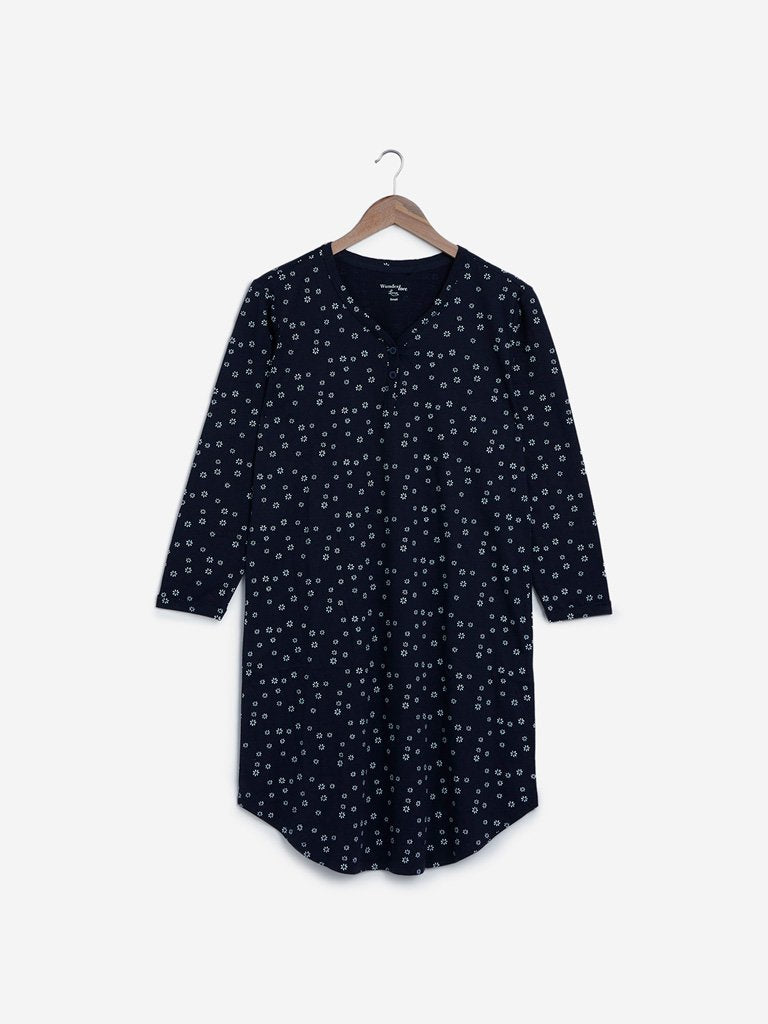 Wunderlove Navy Floral Printed Night Shirt