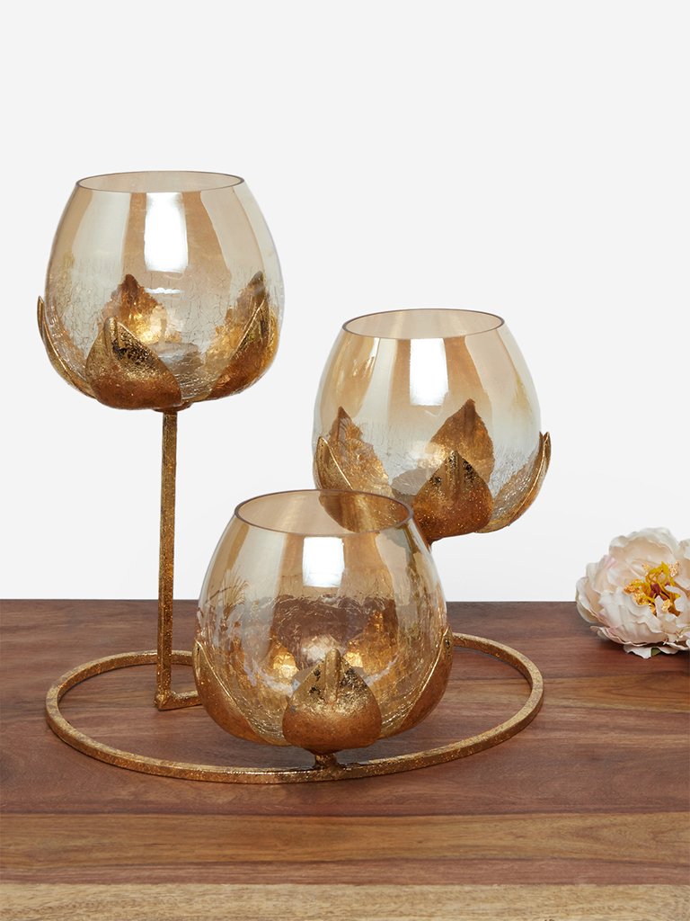 Westside Home Trio Gold Lotus Pattern Candle Stand