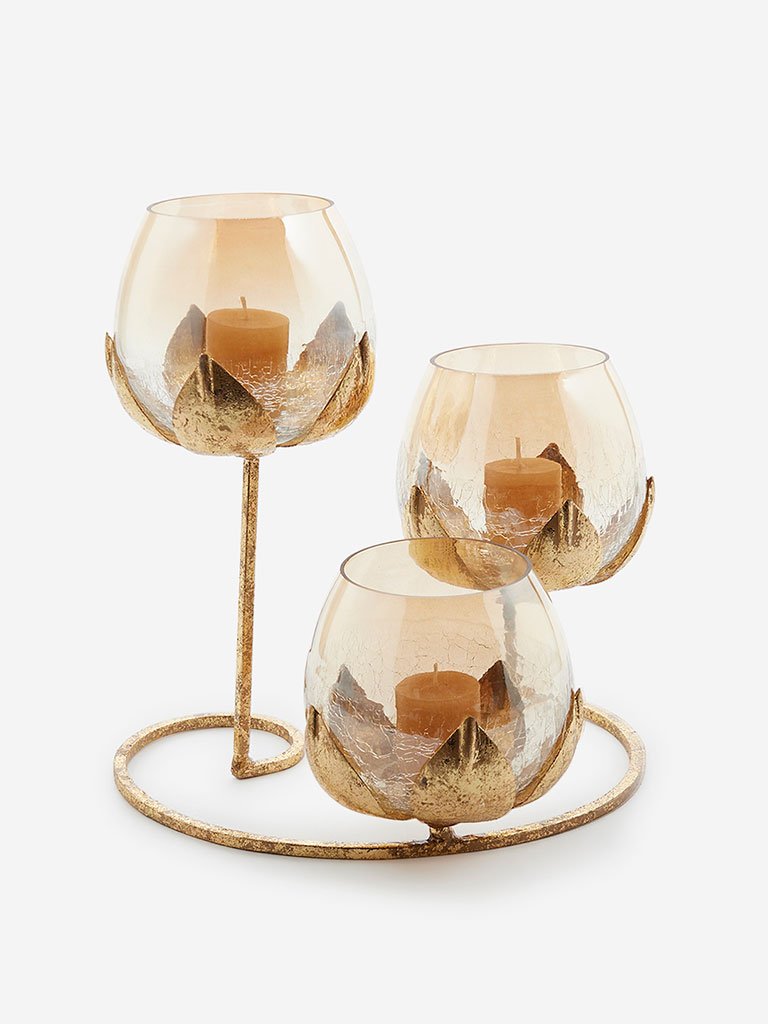 Westside Home Trio Gold Lotus Pattern Candle Stand