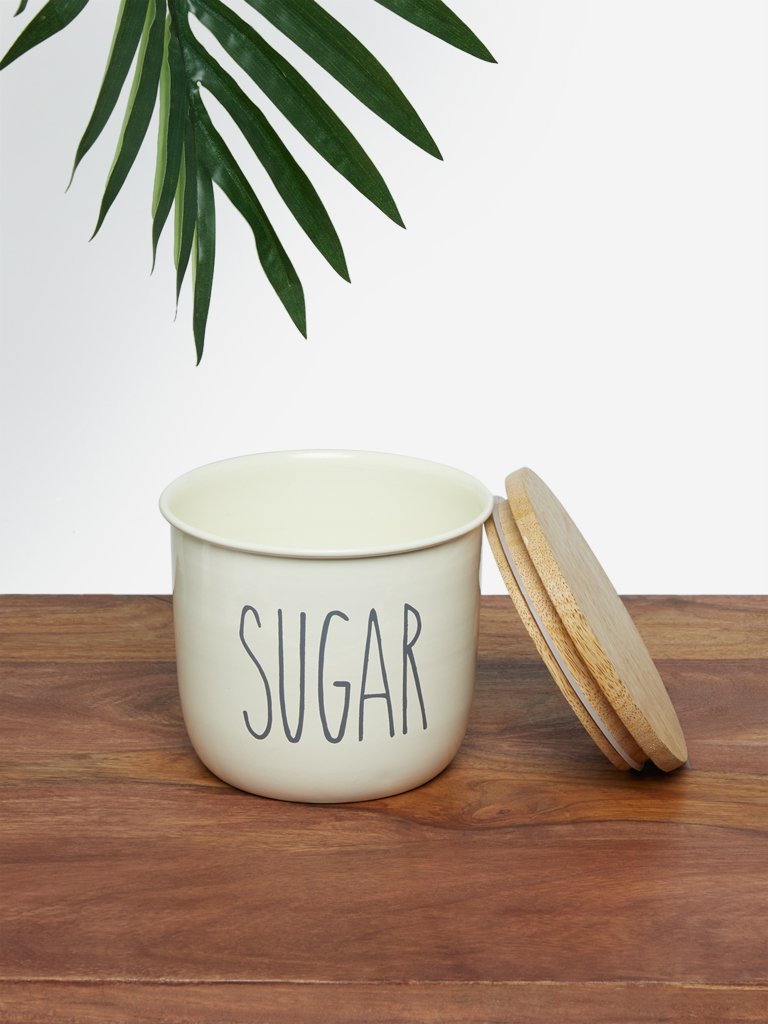 Westside Home Off-White Sugar Canister With Wood-Texture Lid