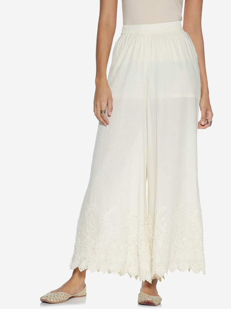 Zuba Off-White Pure Cotton Floral Palazzos