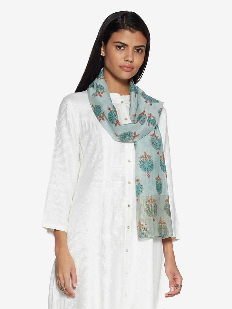 Zuba Mint Ethnic Print Cotton-Silk Stole