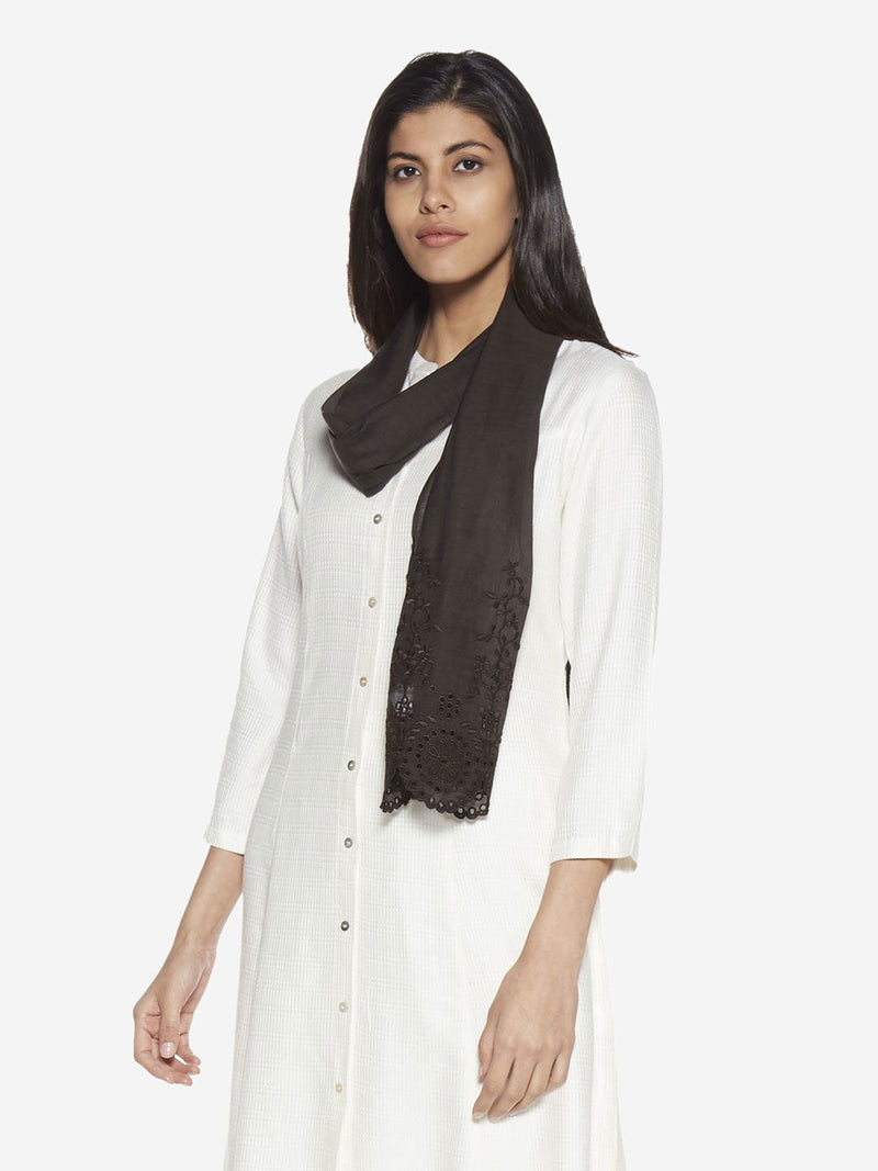 Zuba Dark Grey Cotton-Silk Embroidered Stole