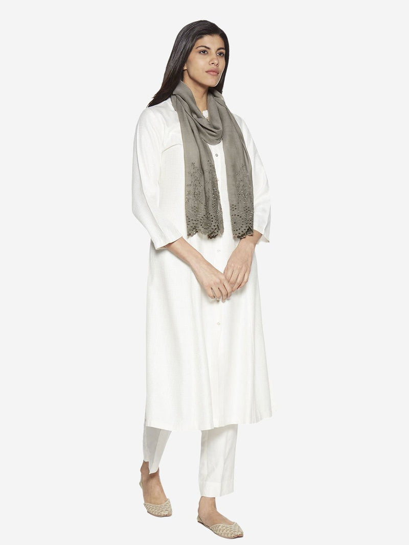 Zuba Grey Cotton-Silk Embroidered Stole