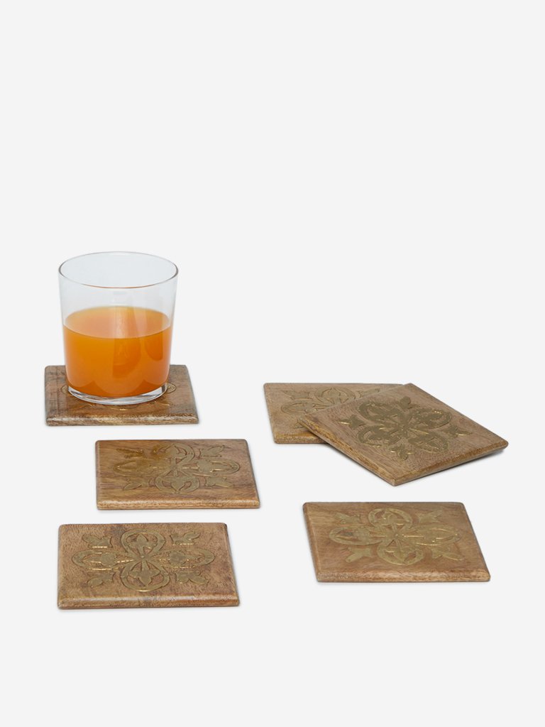 Westside Home Brown Wooden Coasters With Metal Inlay Set of Six