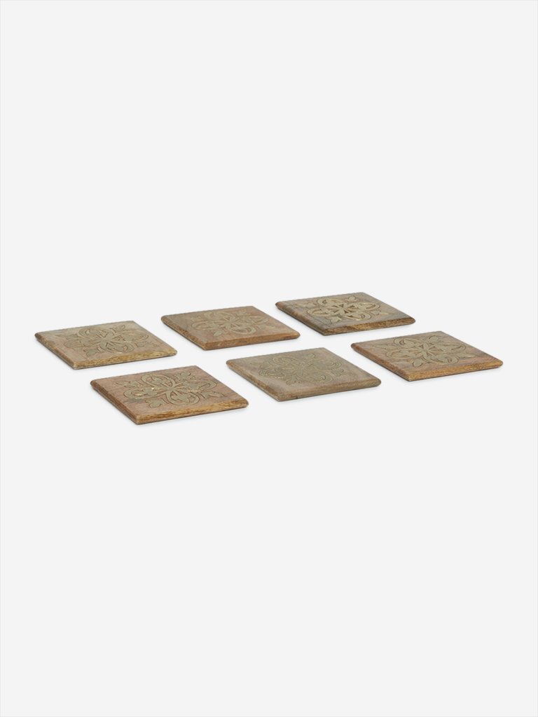 Westside Home Brown Wooden Coasters With Metal Inlay Set of Six