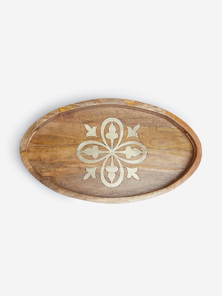 Westside Home Brown Wooden Tray with Silver Inlay