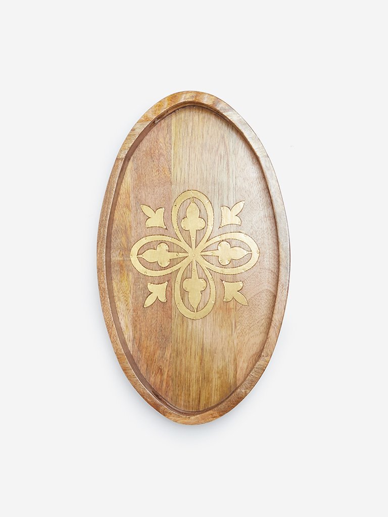 Westside Home Brown Wooden Tray with Gold Inlay