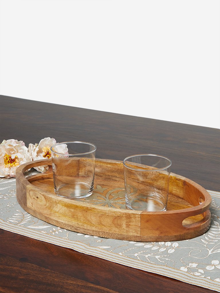 Westside Home Brown Wooden Tray with Silver Inlay