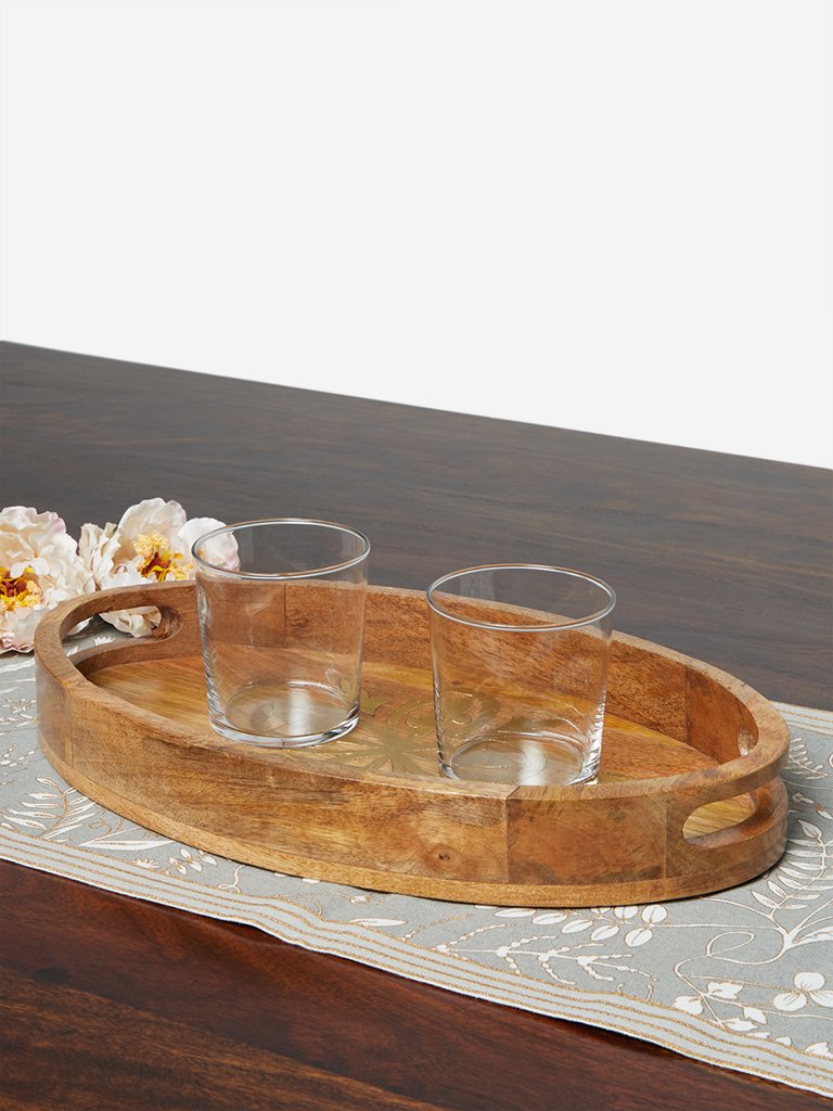 Westside Home Brown Wooden Tray with Gold Inlay